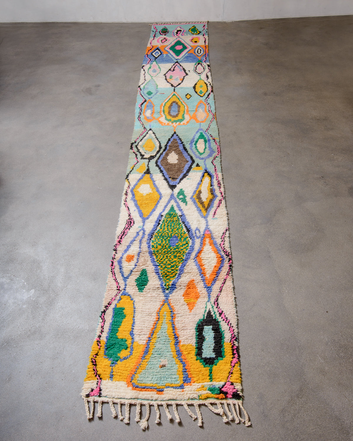 Modern, designer, handcrafted Berber runner rug from Morocco. Vintage carpet with beautiful colours and patterns and fluffy texture.